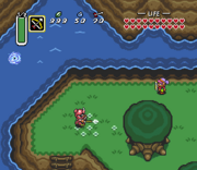A gameplay screenshot of Link in the Light World (top) and the Dark World (bottom)