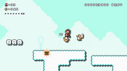 A screenshot of the Angry Angry Sun level in Super Mario Maker 2 in which Mario jumps off a Monty Mole and is about to jump onto a winged Monty Mole