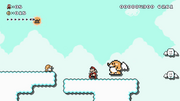 A screenshot from Angry Angry Sun in Super Mario Maker 2 in which a winged big Monty Mole approaches behind Mario