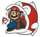 Super Mario Bros. 3 artwork of Mario using a stick to try and escape from a Boss Bass's mouth