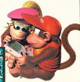 Artwork of Diddy Kong and Dixie Kong playing a Game Boy, made around the time of Donkey Kong Country 2: Diddy's Kong Quest's release