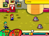 Mario & Luigi: Bowser's Inside Story screenshot of Mario and Luigi battling two Metal Mawful Moles