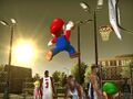 A screenshot of Mario throwing a basketball