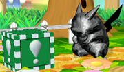 Super Smash Bros. Melee screenshot of metal Pikachu standing next to a Metal Box