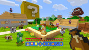 Yoshi, Toadette, Daisy, Wario, Waluigi, and Dr. Mario in front of a giant Goomba and ? Block
