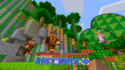 Donkey Kong, Diddy Kong, Tanooki Mario, Kitsune Luigi, and Cat Peach in a jungle area