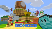 Captain Toad, Toadette, Wario, and Waluigi in front of a Toad House