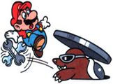 Super Mario Bros. 3 artwork of Mario narrowly avoiding a wrench thrown by a Rocky Wrench