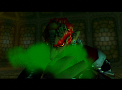 A notable change from NTSC version 1.1 (left) to version 1.2 (right) is Ganondorf's blood was updated from red to green, making it appear to simply be vomit.
