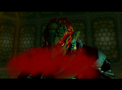 A notable change from NTSC version 1.1 (left) to version 1.2 (right) is Ganondorf's blood was updated from red to green, making it appear to simply be vomit.