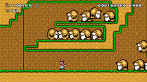 Super Mario Maker screenshot of Mario on the run from numerous big Monty Moles in a Super Mario World-style custom level