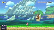 A screenshot of a big winged Rocky Wrench in a barebones New Super Mario Bros. U style custom stage in Super Mario Maker
