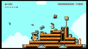 Super Mario Maker screenshot of a Super Mario Bros. 3-style custom level where Mario jumps off a Rocky Wrench as a big Rocky Wrench throws a wrench behind him