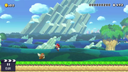 A screenshot of a winged Monty Mole in a barebones New Super Mario Bros. U style custom stage in Super Mario Maker