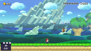 A screenshot of a winged Rocky Wrench in a barebones New Super Mario Bros. U style custom stage in Super Mario Maker