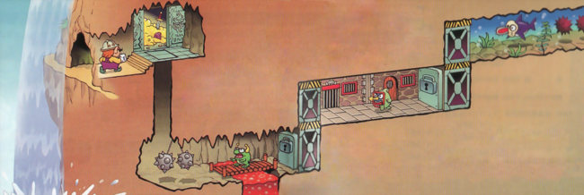 Artwork from the instruction manual, showing Wario about to fall into the trapdoor placed in front of the treasure room. The artwork demonstrates how the player gradually climbs their way out of the underground chasm by unlocking elevators, found at the end of stages.