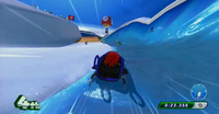 Knuckles using the bobsled equipment