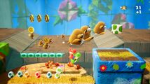 A Yoshi's Crafted World screenshot of some big Monty Moles (right) followed by some smaller Monty Moles (left) in the level Monty-Mole-B-Gone